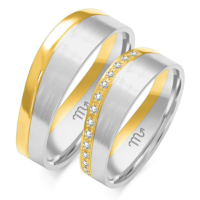 Aukščiausios kokybės vestuviniai žiedai su blizgančia linija ir kalnų krištolais