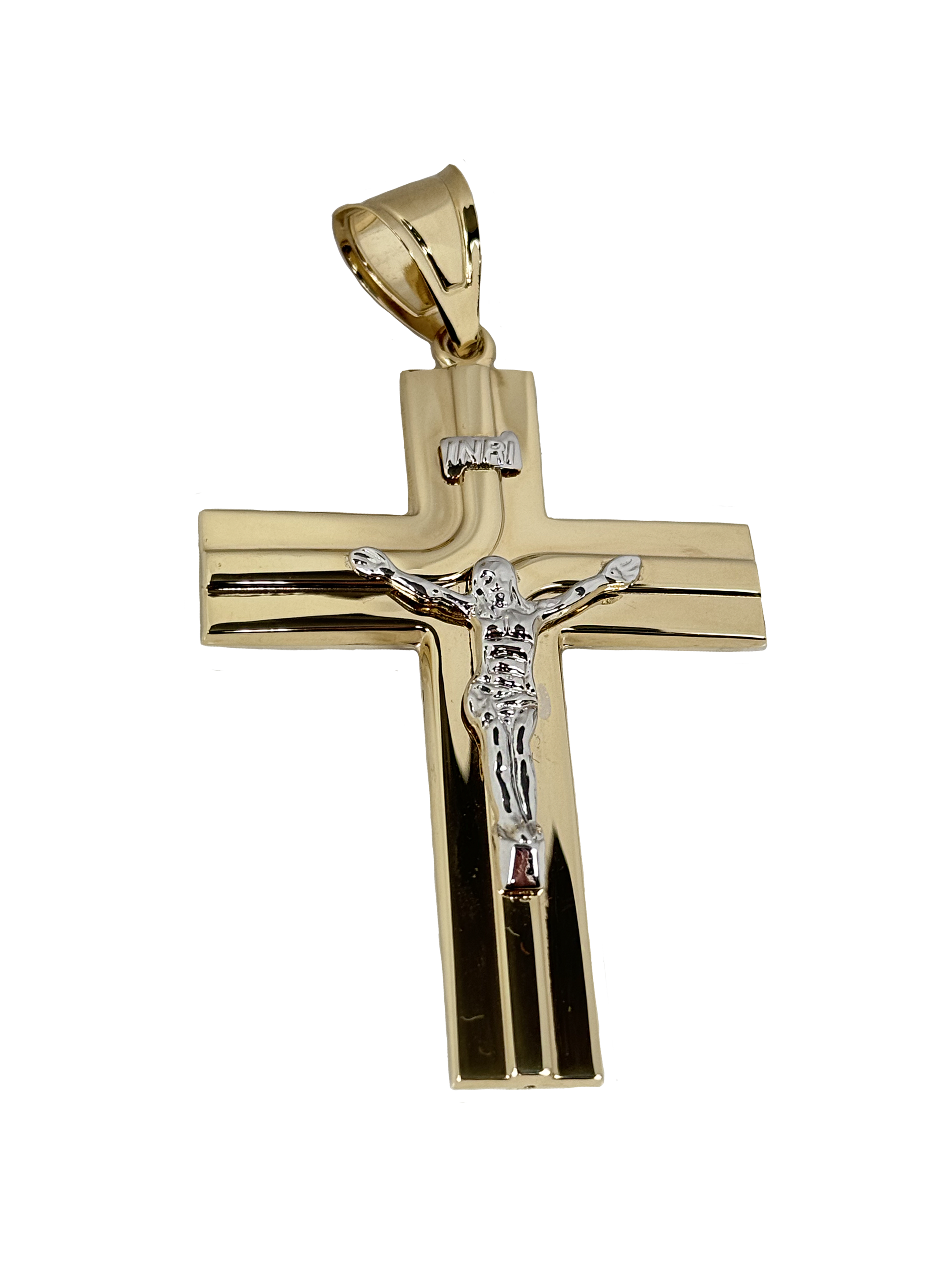 Auksinis dvispalvis kryžiaus pakabukas su Jėzumi