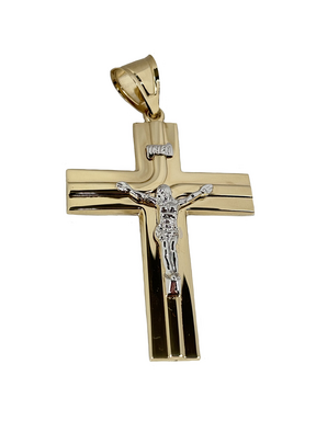 Auksinis dvispalvis kryžiaus pakabukas su Jėzumi