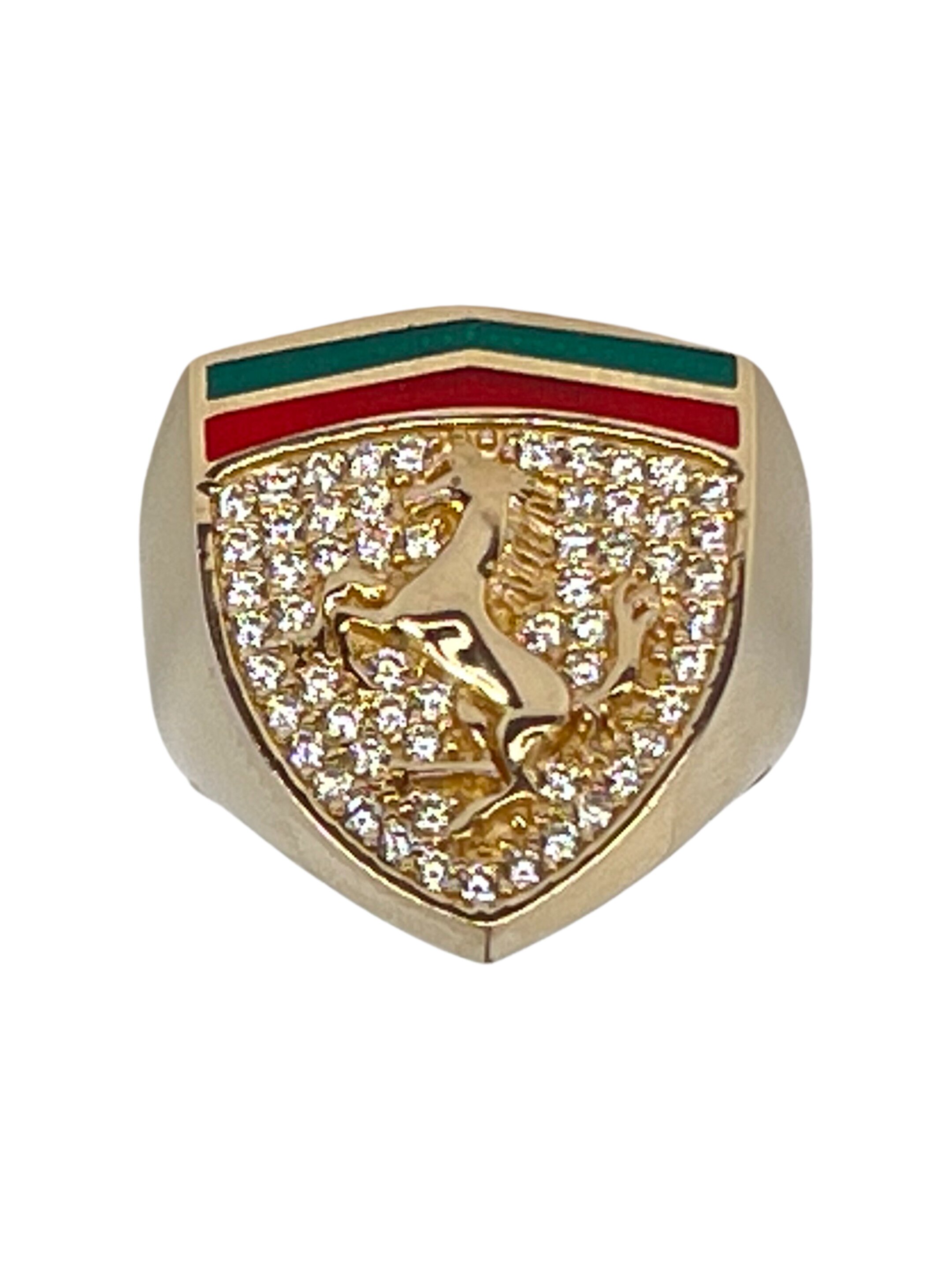 Auksinis įvairiaspalvis žiedas su logotipu ir cirkoniais