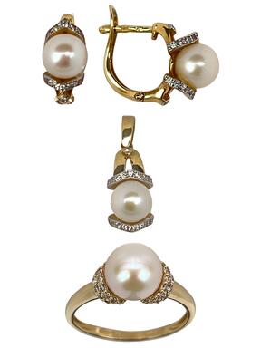 Auksinis rinkinys su perlais ir cirkoniais