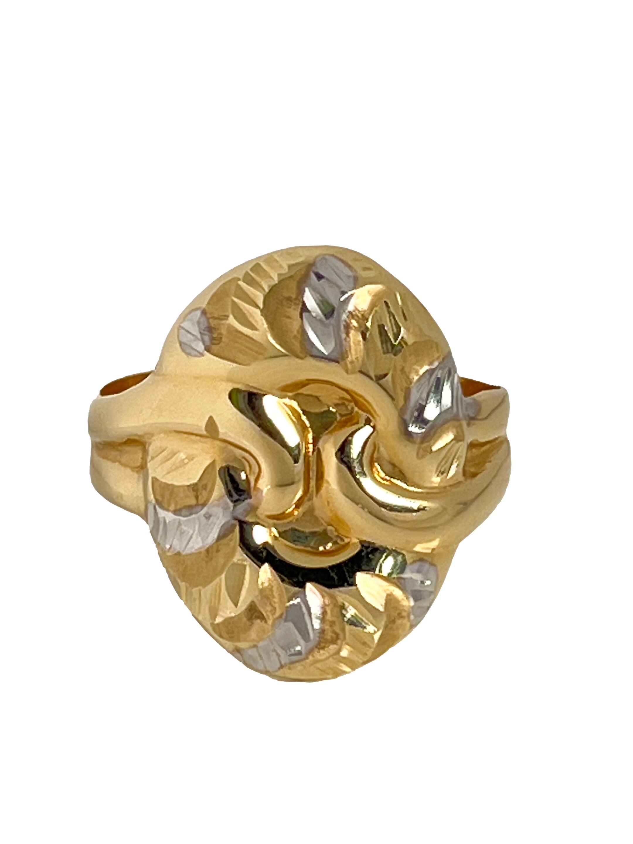 Auksinis žiedas iš geltono ir balto aukso išgraviruotas