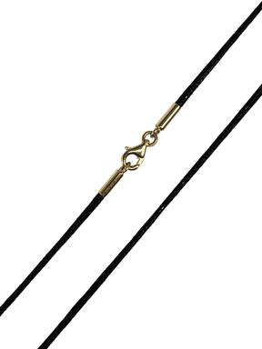 Black leather lanyard with gold fastening around the neck 1.5 mm