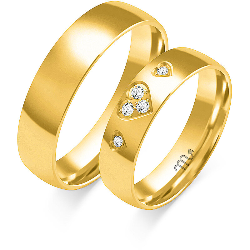 Blizgūs klasikiniai vestuviniai žiedai su trimis širdelėmis