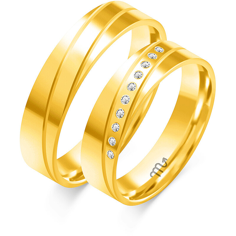 Blizgūs vestuviniai žiedai plokščiu profiliu ir kalnų krištolais