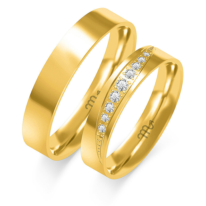 Blizgūs vestuviniai žiedai plokščiu profiliu