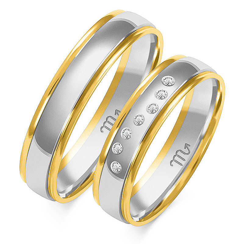 Blizgūs vestuviniai žiedai su kalnų krištolais ir fazuotu profiliu