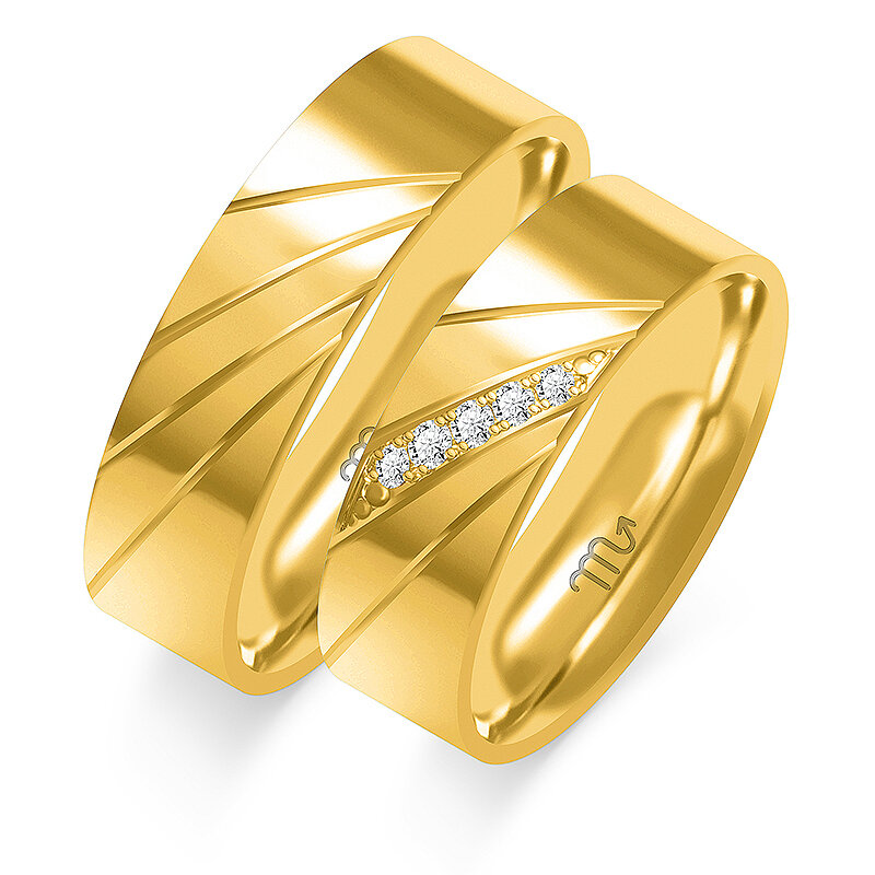 Blizgūs vestuviniai žiedai su kalnų krištolais ir plokščiu profiliu