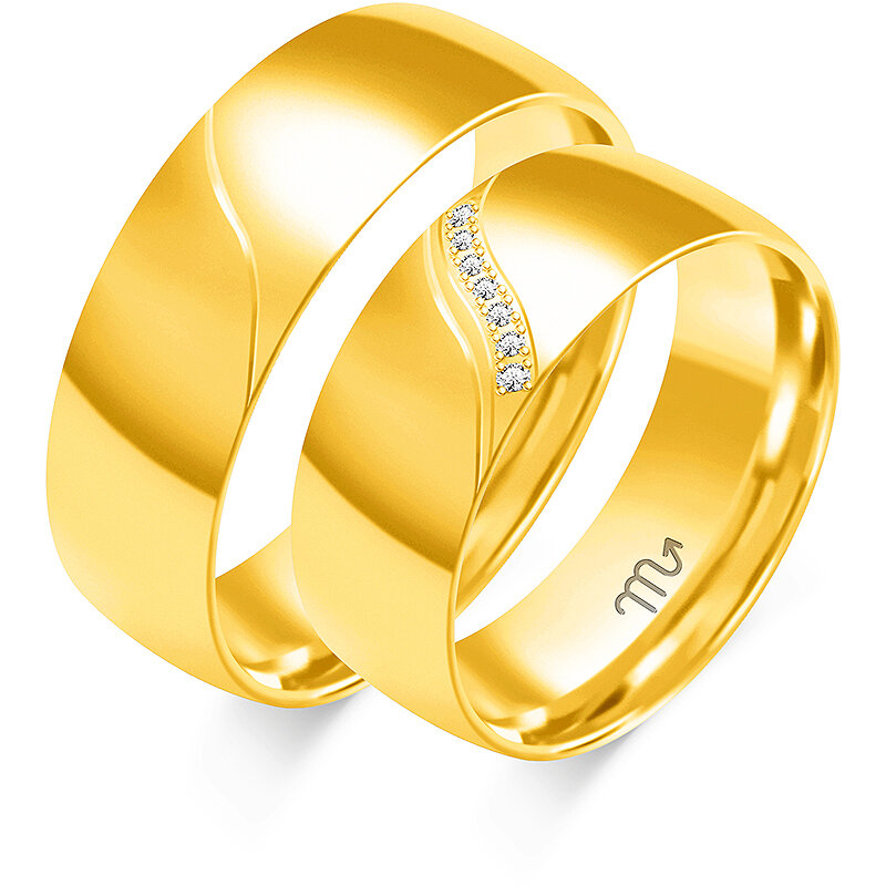 Blizgūs vestuviniai žiedai su kalnų krištolais ir pusiau apvaliu profiliu