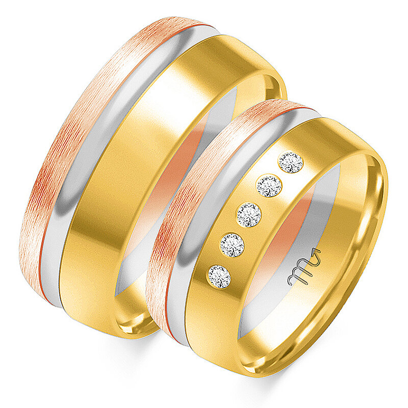 Blizgūs vestuviniai žiedai su matine linija ir penkiais akmenimis