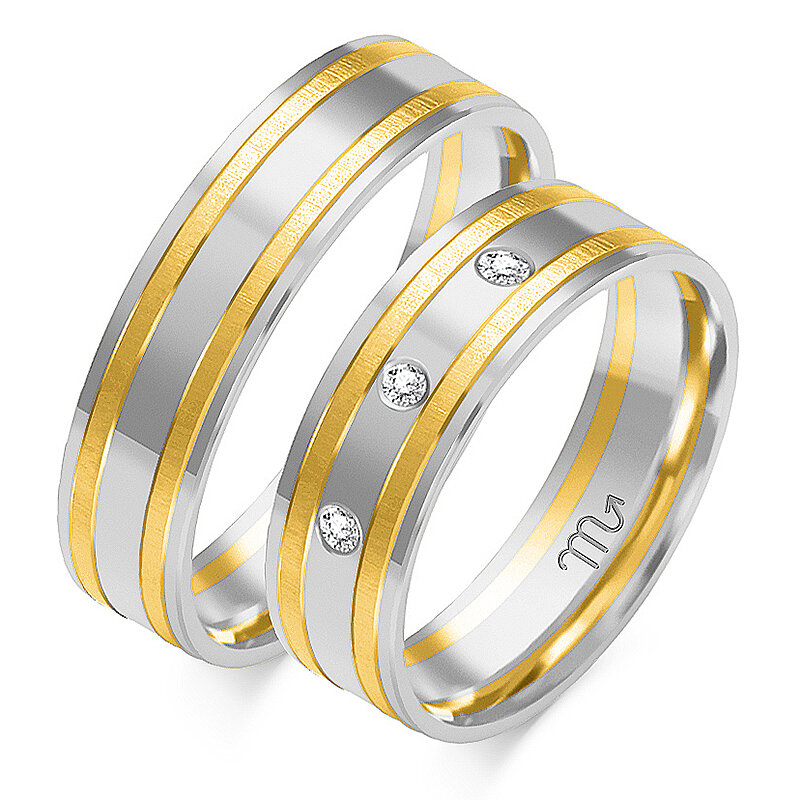 Blizgūs vestuviniai žiedai su matinėmis linijomis ir kalnų krištolais