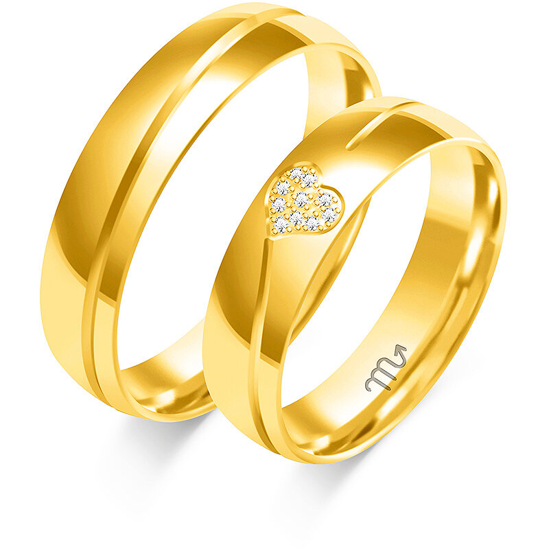 Blizgūs vestuviniai žiedai su širdele ir pusiau apvaliu profiliu