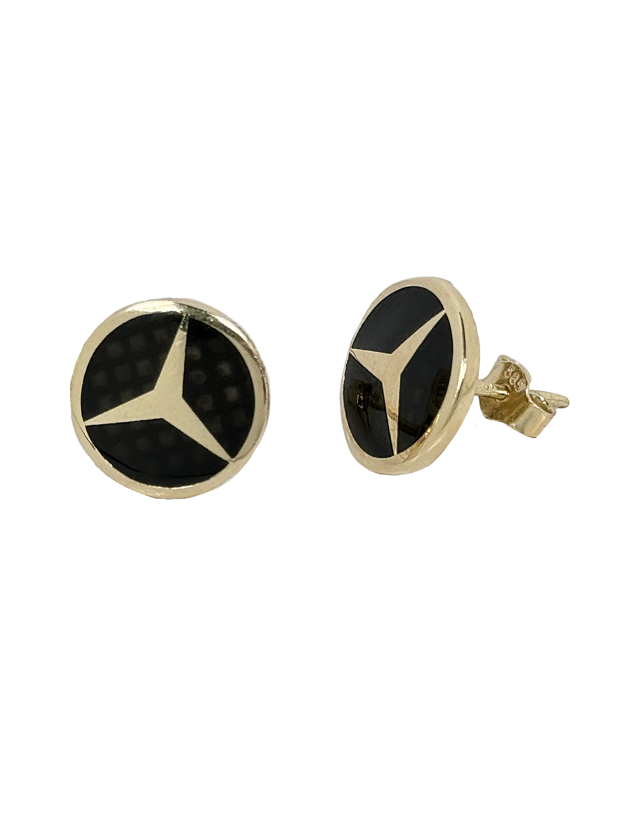 Boucles d'oreilles logo voiture dorées avec onyx noir