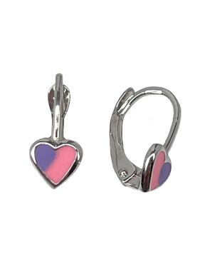 Children's earrings made of white gold with violet-pink hearts