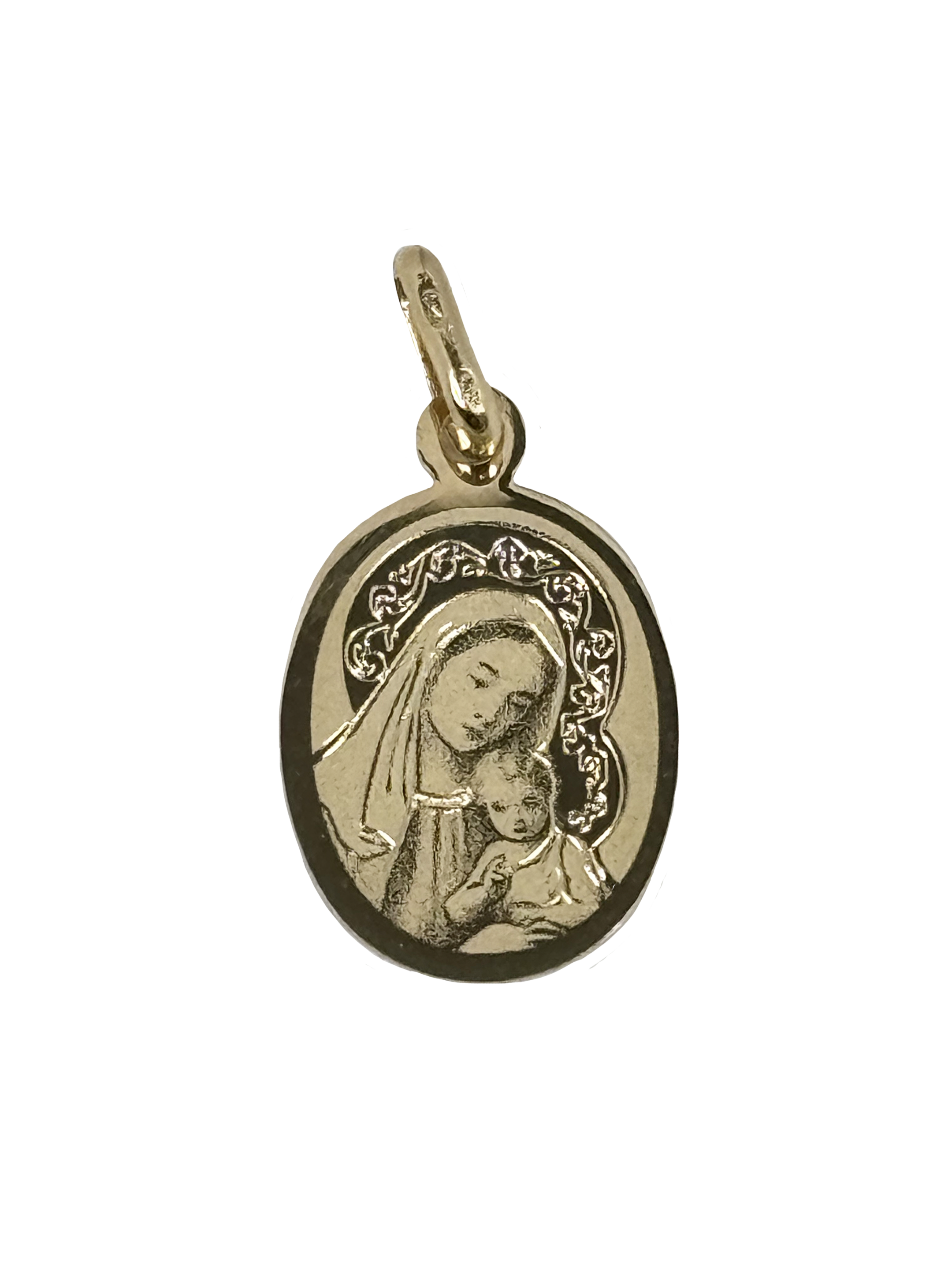 Colgante infantil ovalado dorado Virgen con niño
