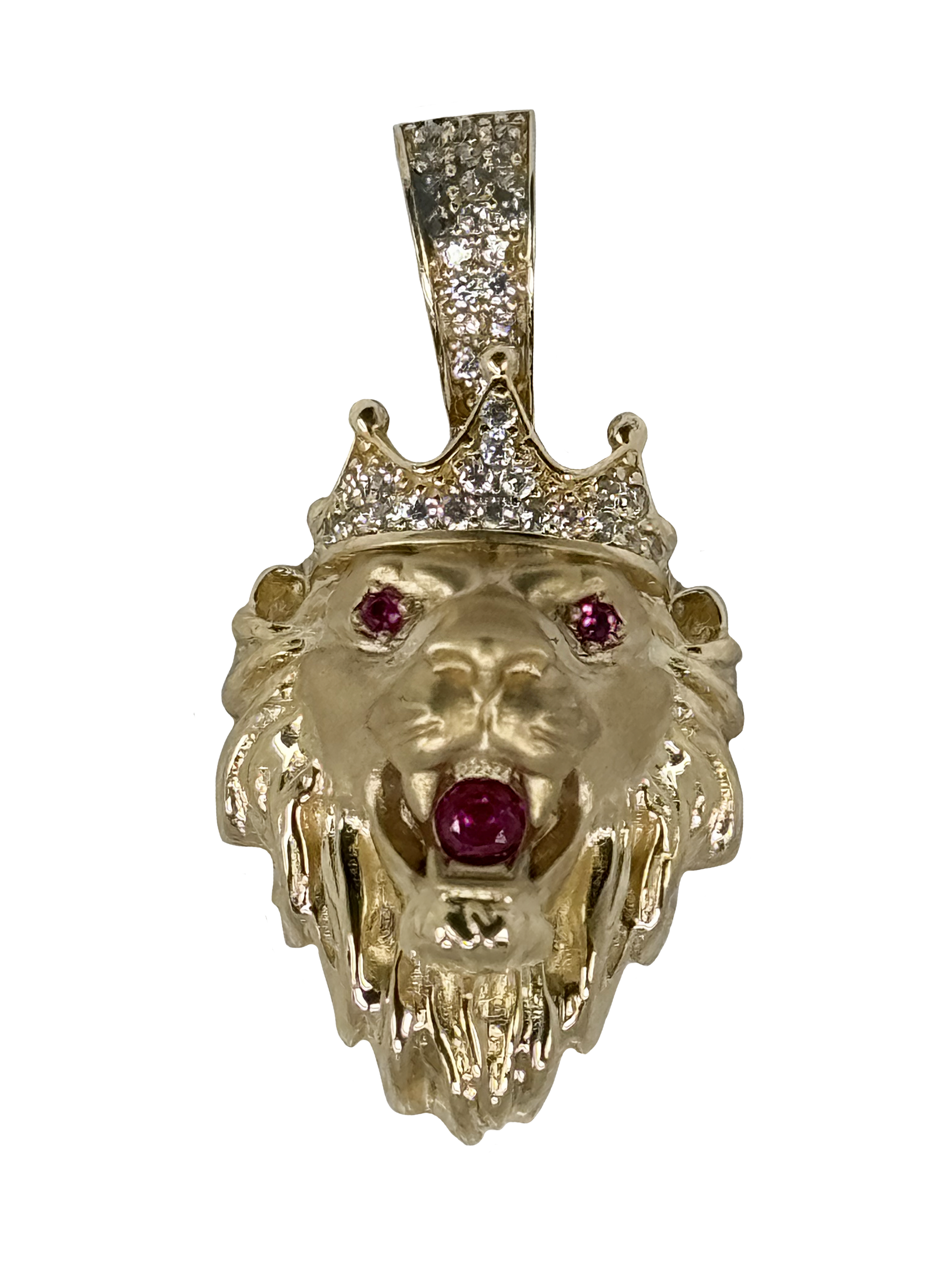 Colgante signo león dorado con corona y circonitas rojas