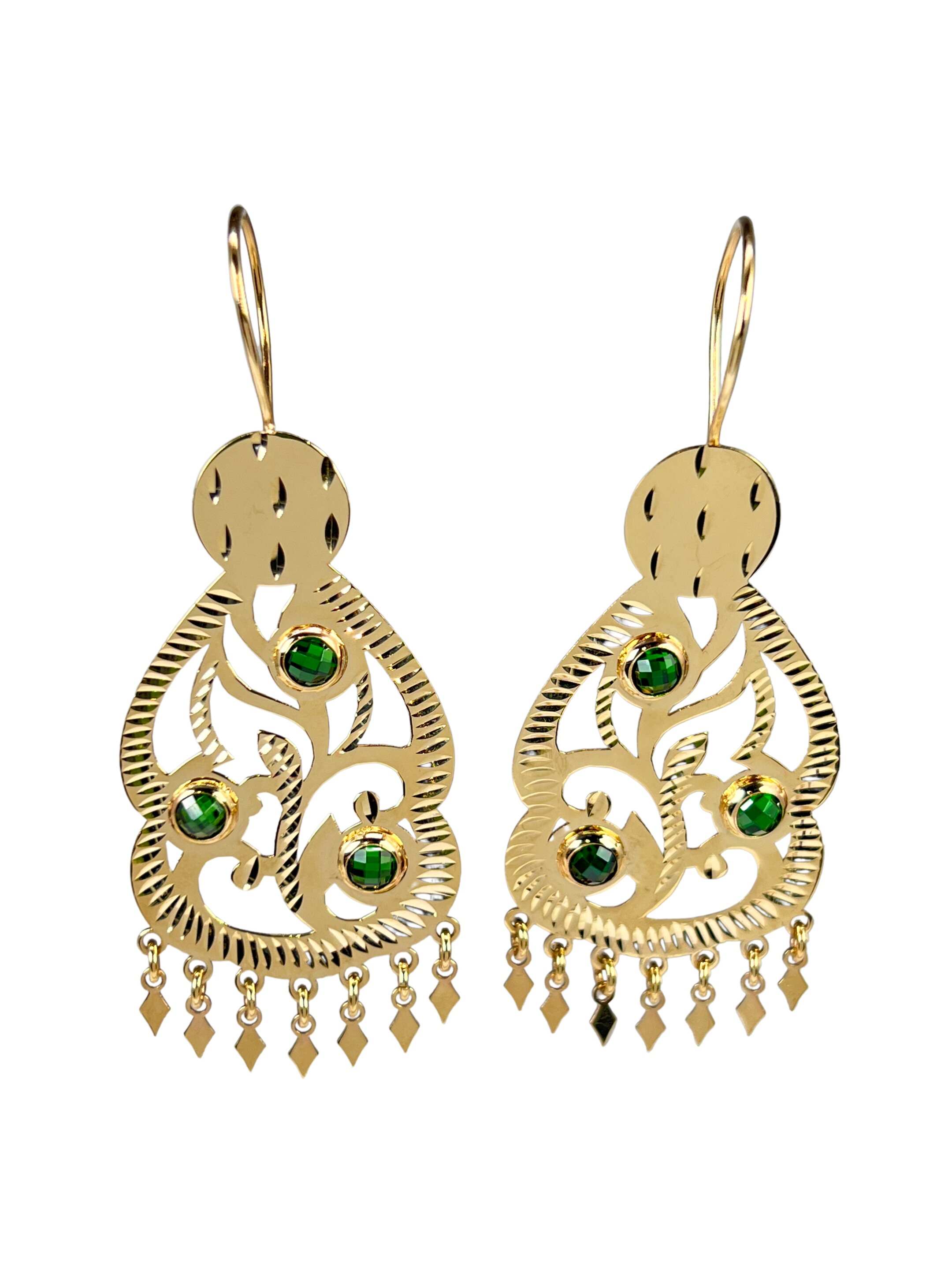 Dangling gold earrings with green zircons and Loren engraving