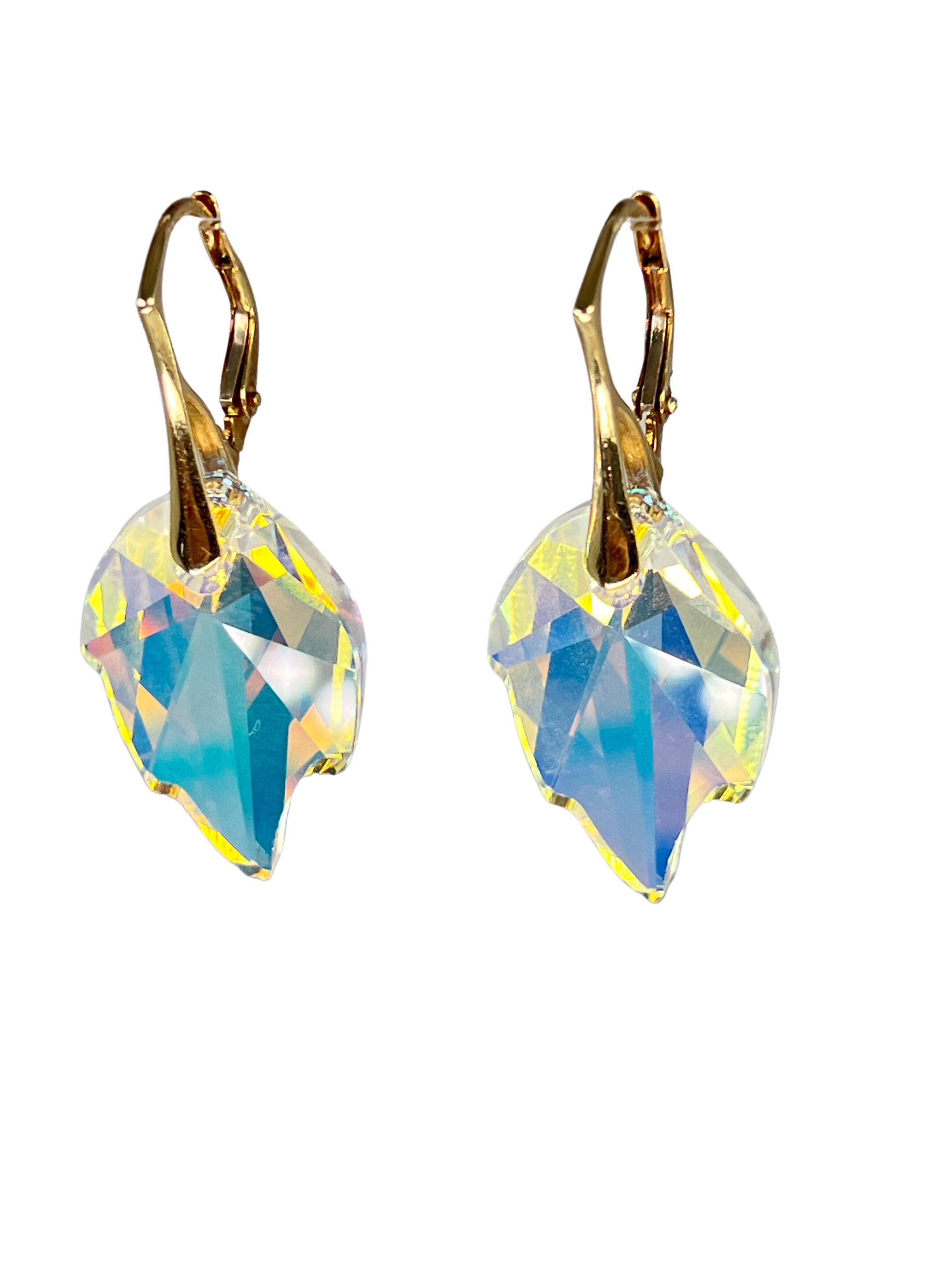 Distinctive gold earrings with rainbow AB crystal