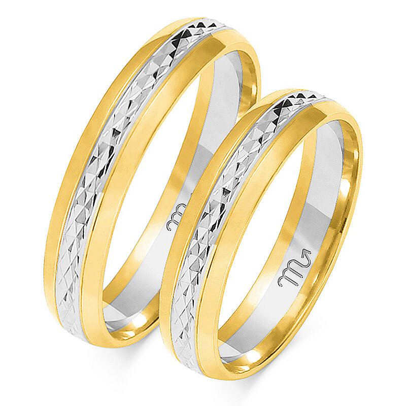 Dviejų atspalvių blizgantys vestuviniai žiedai pusiau apvaliu profiliu