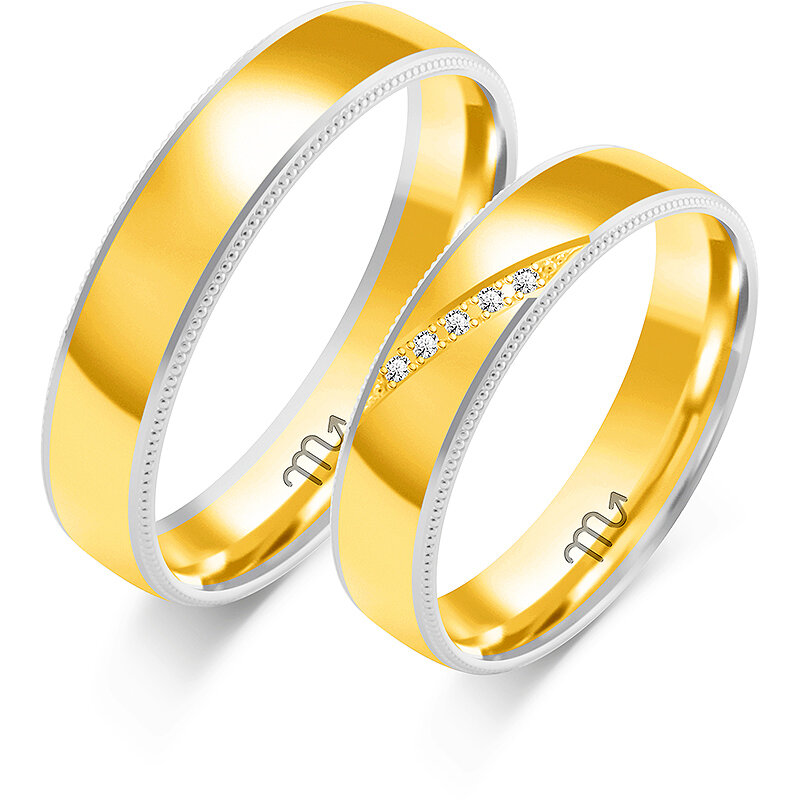 Dviejų atspalvių vestuviniai žiedai blizgantys kalnų krištolais