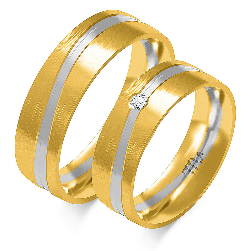 Dviejų spalvų matiniai vestuviniai žiedai su akmeniu