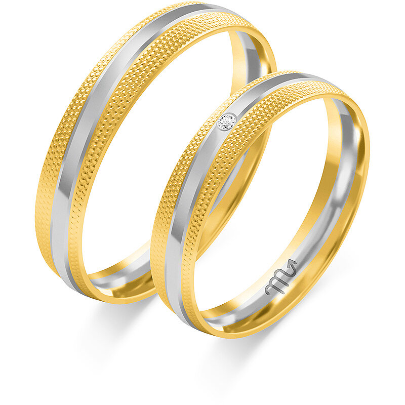 Dviejų spalvų vestuviniai žiedai su akmeniu