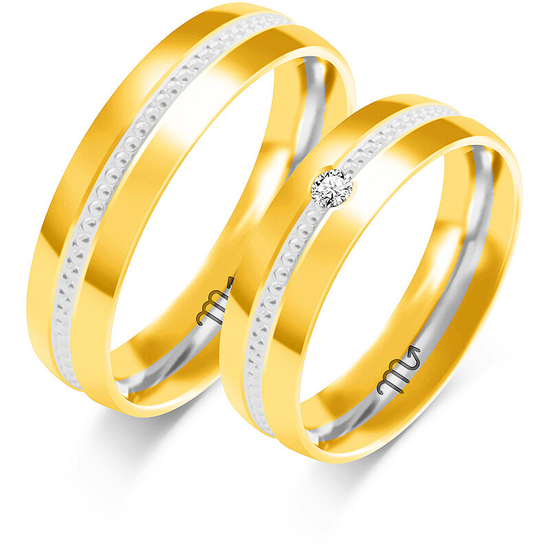 Dviejų spalvų vestuviniai žiedai su akmeniu