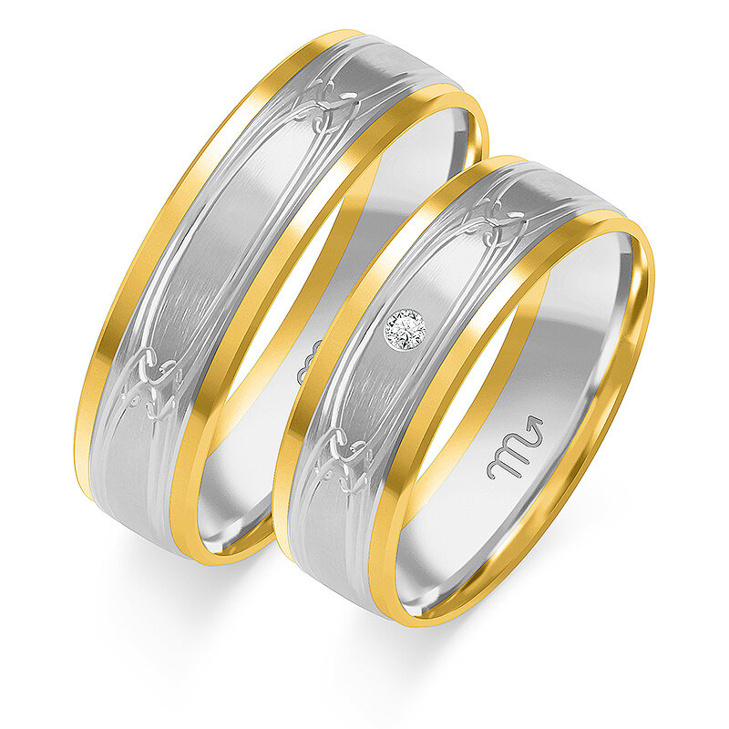 Engraved matte wedding rings with stone