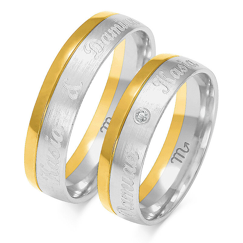 Engraved wedding rings matte with stone