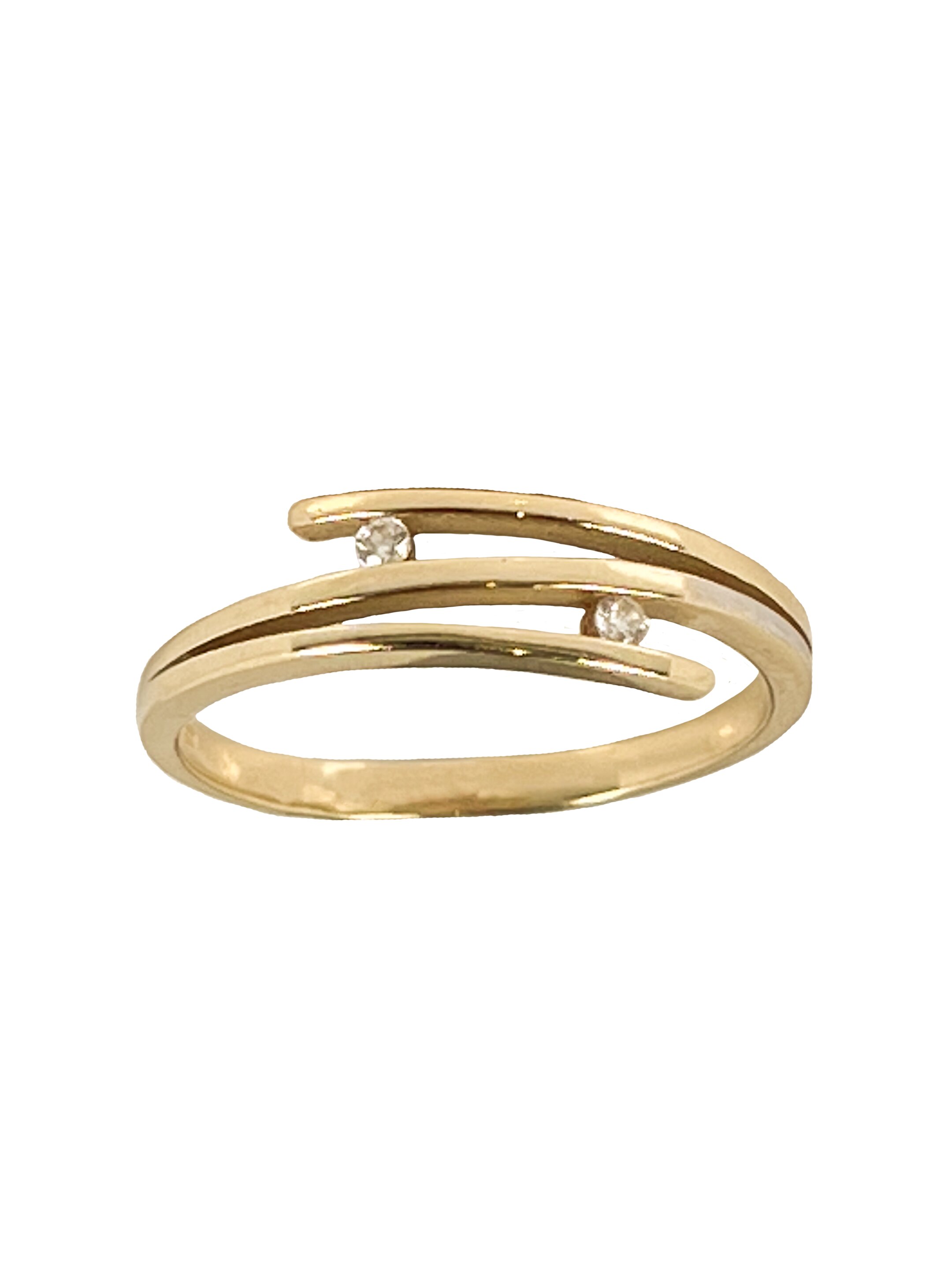Geltono aukso žiedas su dviem cirkoniais