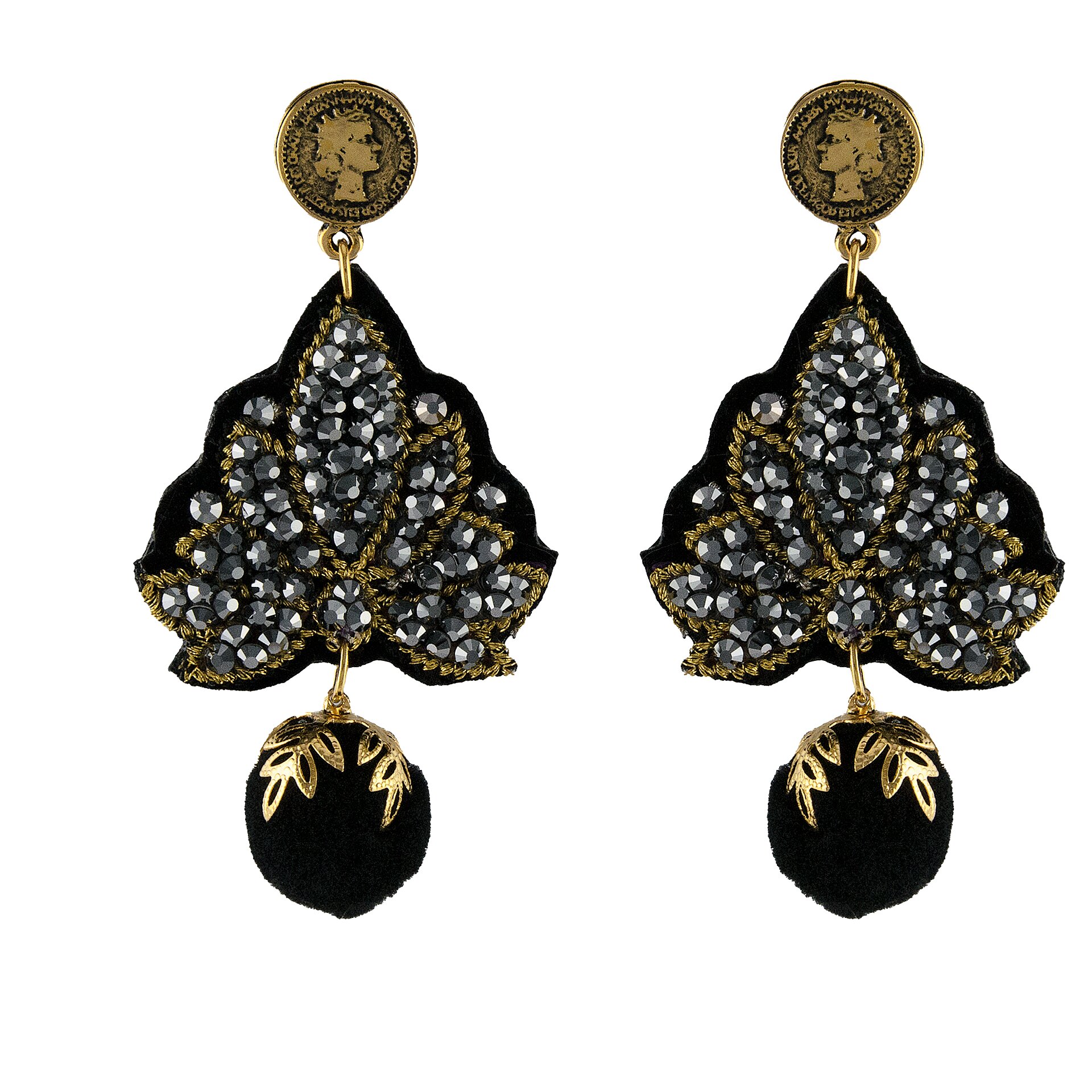 Γκρι σκουλαρίκια LINDA'S DREAM με μαύρο πομ πομ και χρυσά στοιχεία