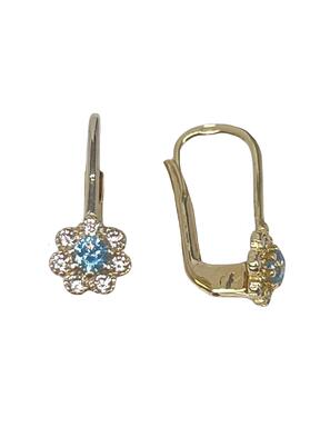 Gold children's earrings in the shape of a flower with blue zircons