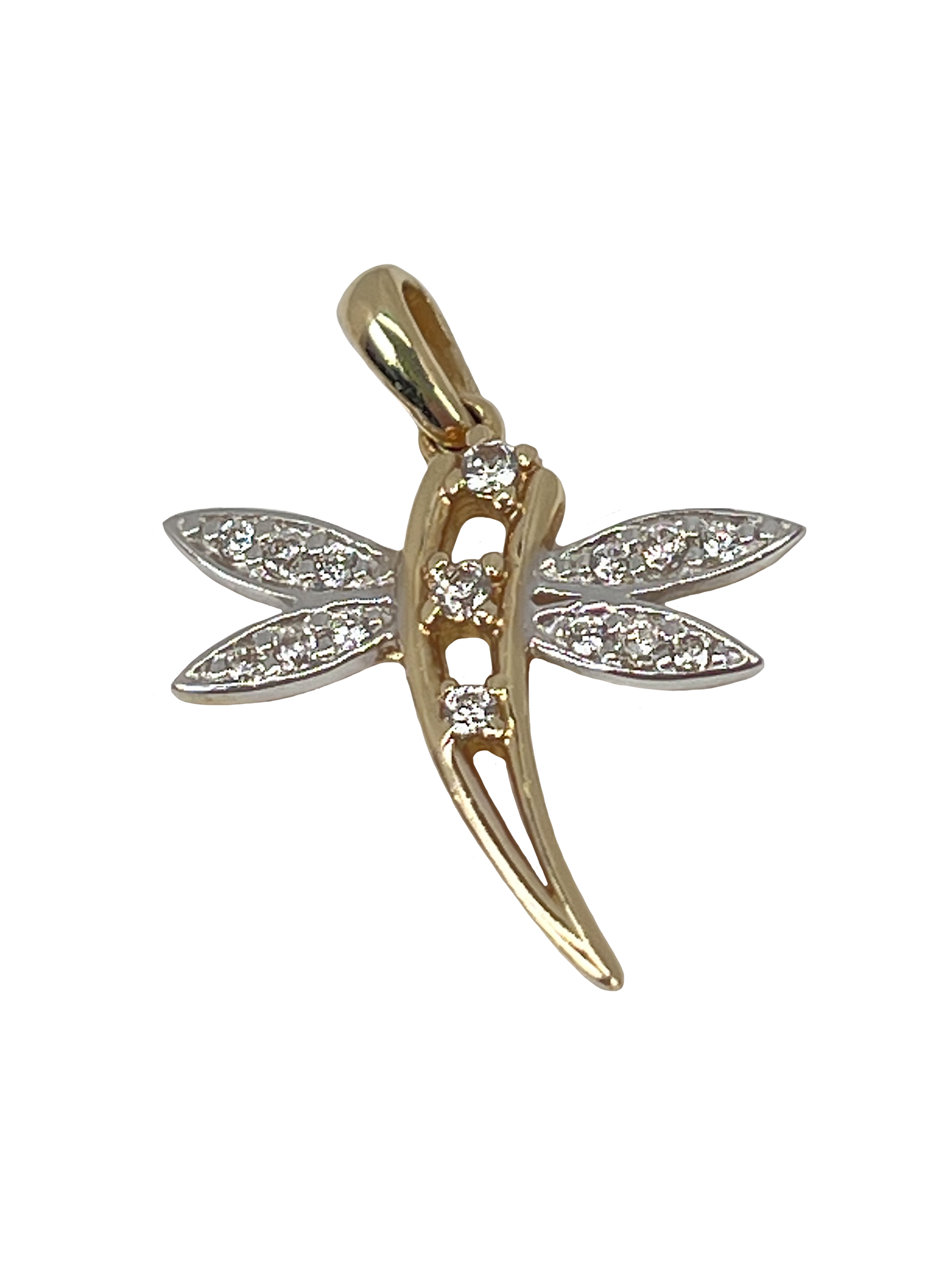 Gold dragonfly pendant with zircons