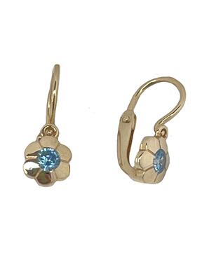 Gold earrings in the shape of a flower with blue zircons for babies