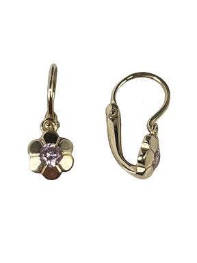 Gold earrings in the shape of a flower with pink zircons for babies