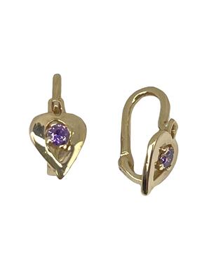 Gold earrings in the shape of a heart with purple zircons for babies