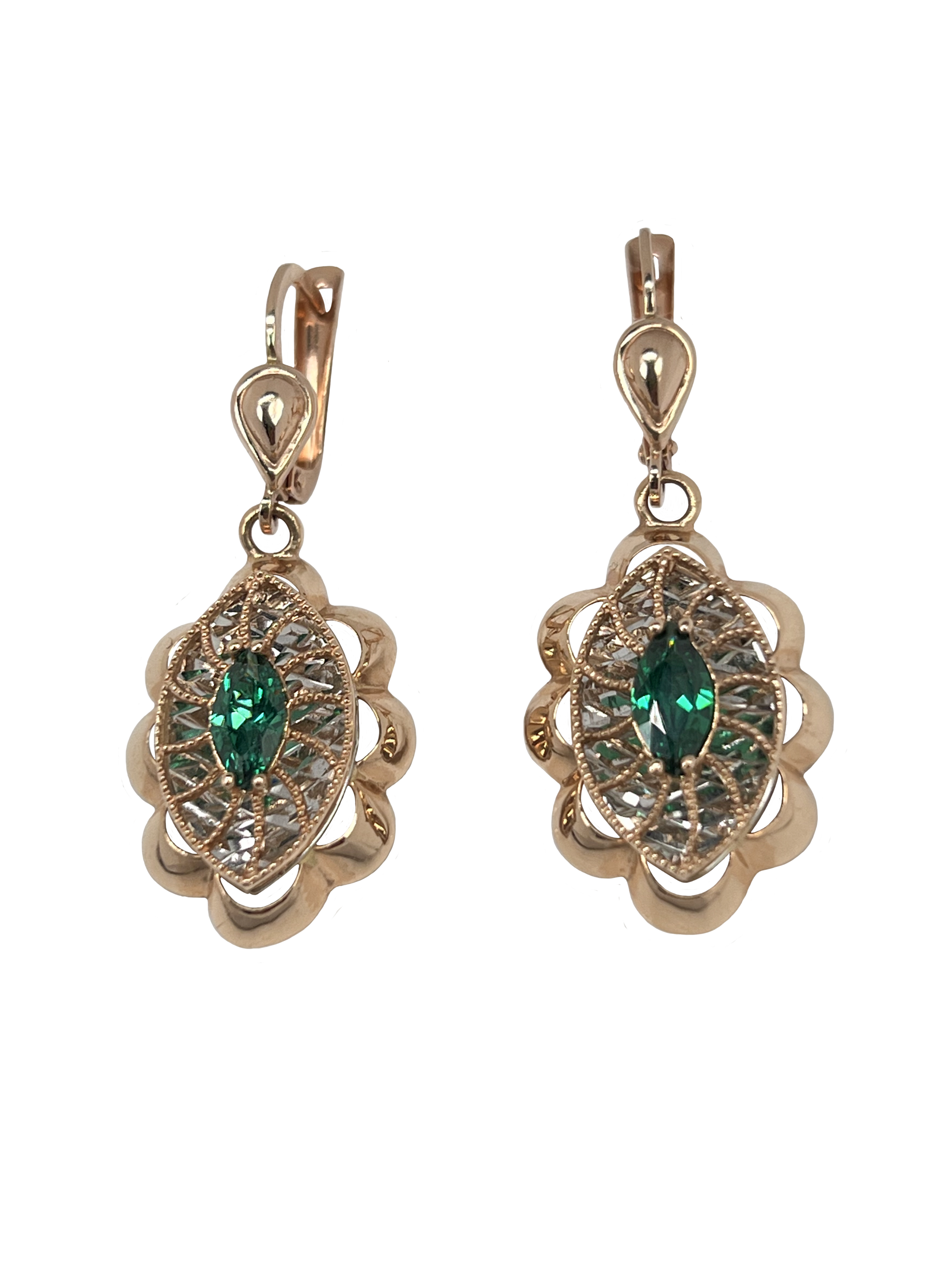 Gold earrings made of rose gold with green zircons