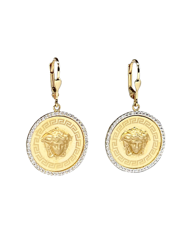 Gold earrings with antique patterns and zircons