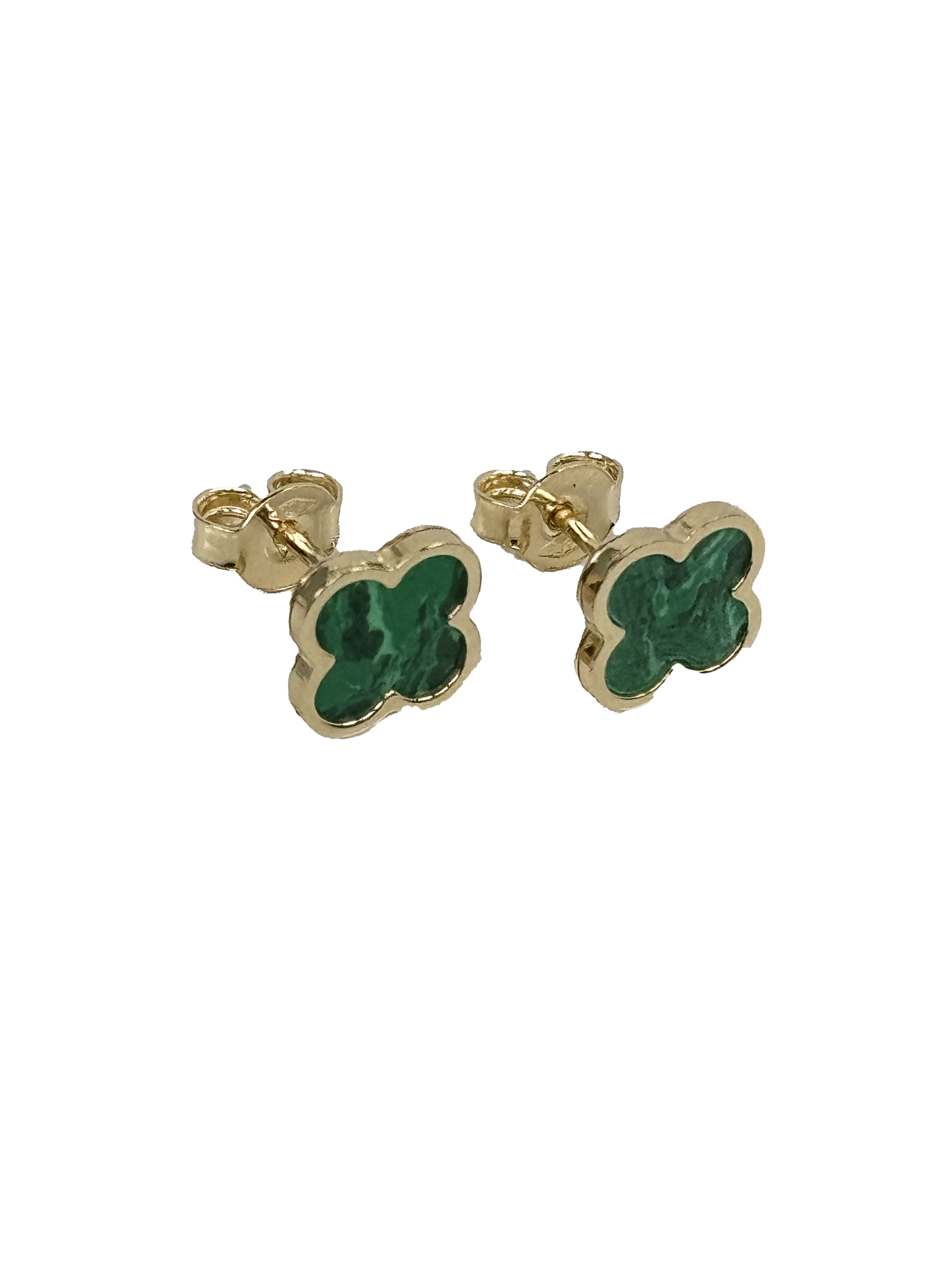 Gold earrings with green malachite Four leaves 7.0 mm