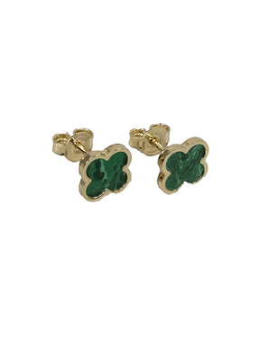 Gold earrings with green malachite Four leaves 7.0 mm