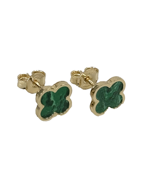Gold earrings with green malachite Four leaves