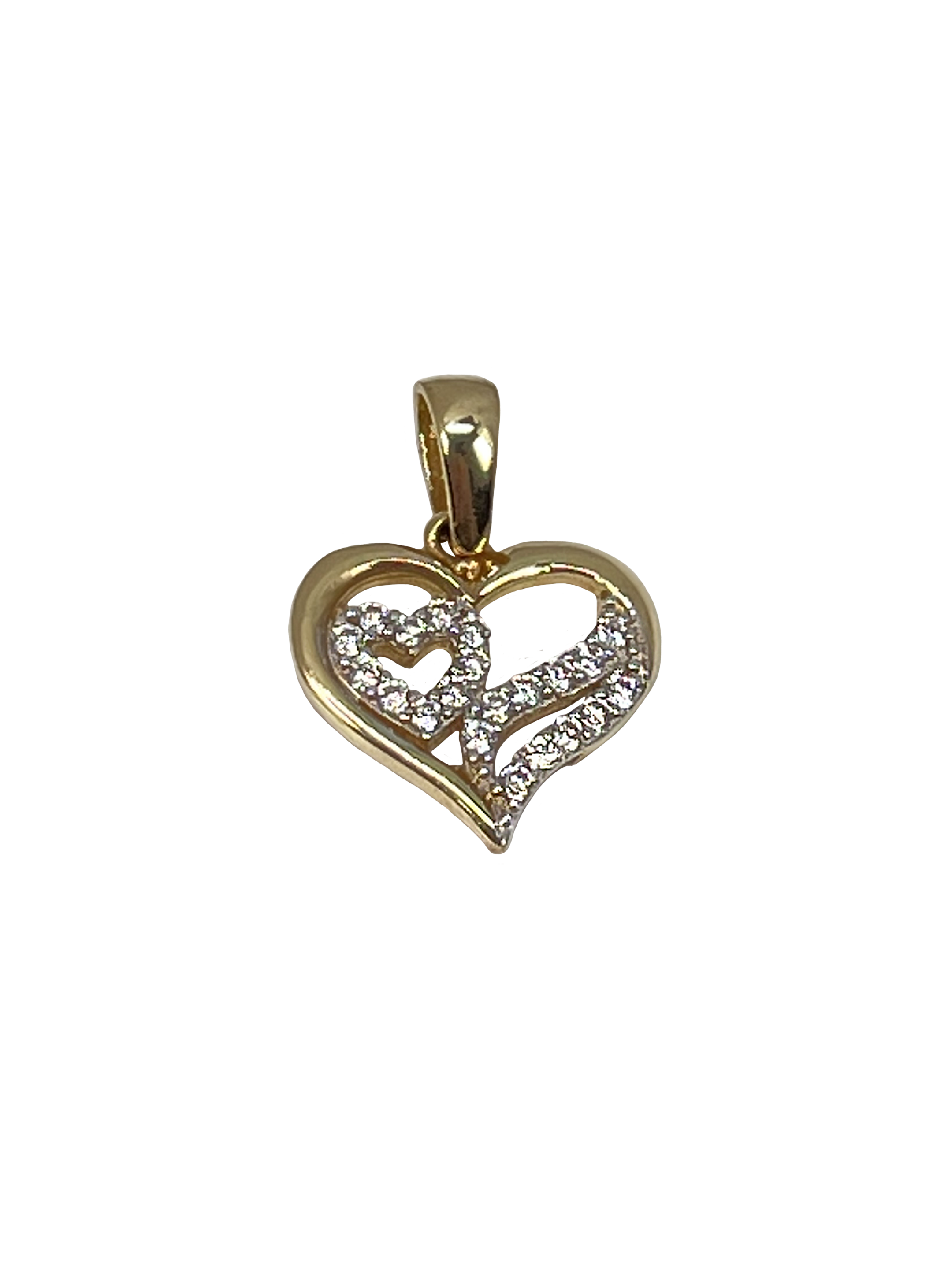 Gold heart pendant with lines and zircons