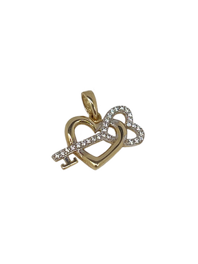 Gold pendant heart with key with zircons
