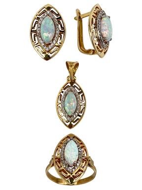 Gold set with Greek motif, zircons and opals