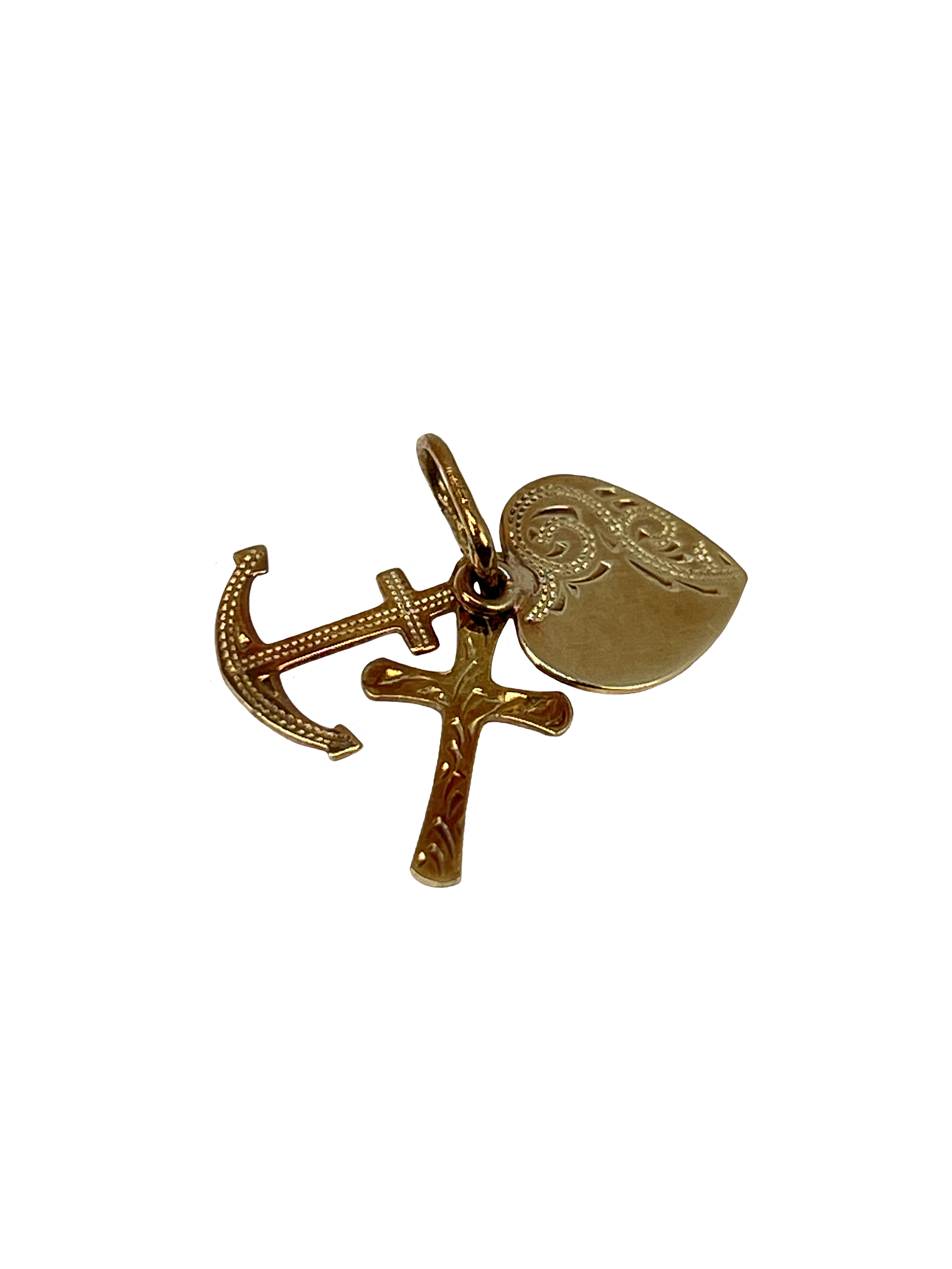 Golddreifach-Anhänger Herz, Kreuz, Anker mit Gravur