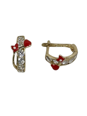 Golden children's earrings with a red flower and a heart