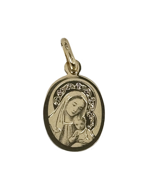 Golden children's oval pendant Madonna with child