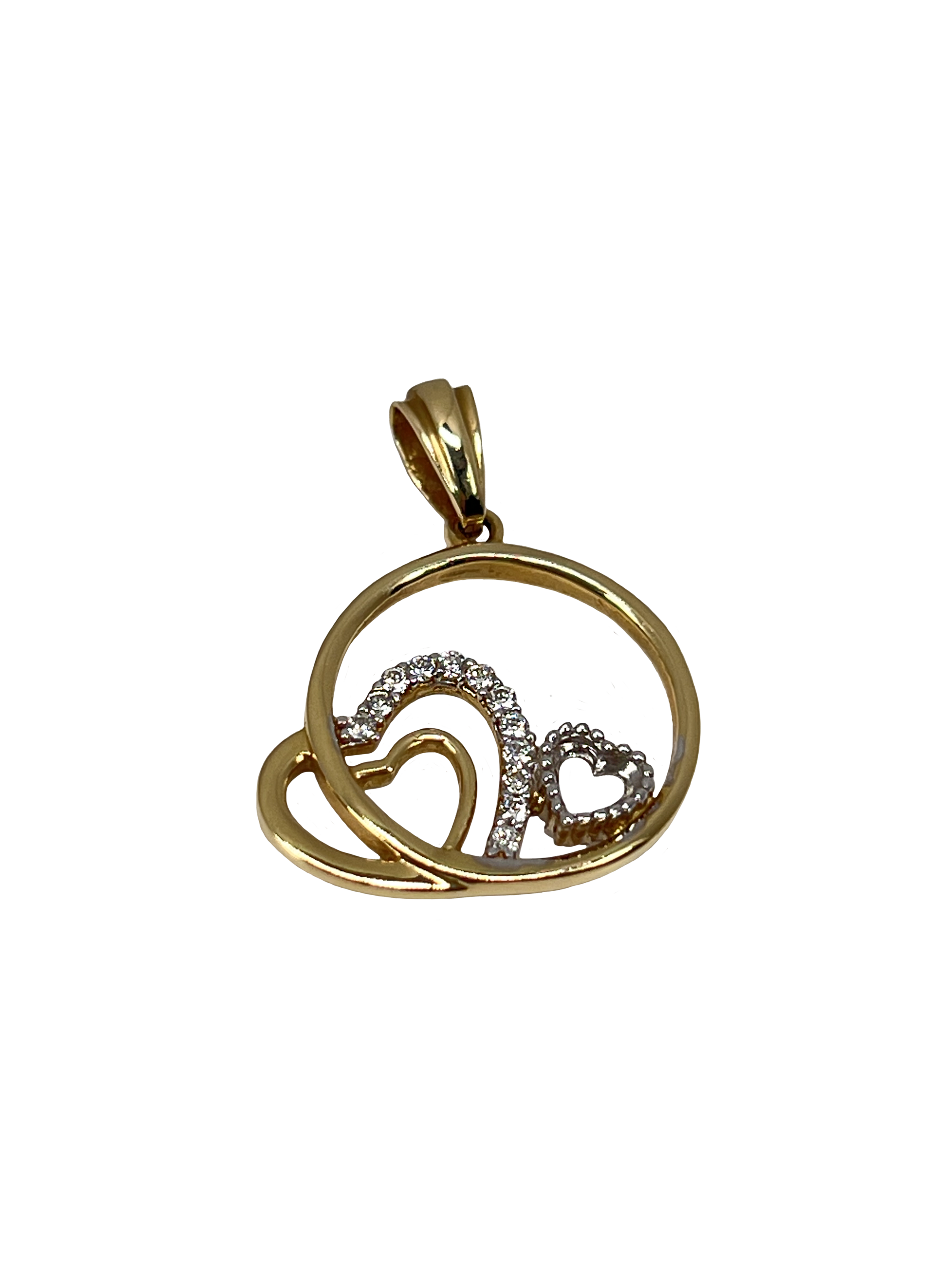 Golden circle pendant with hearts