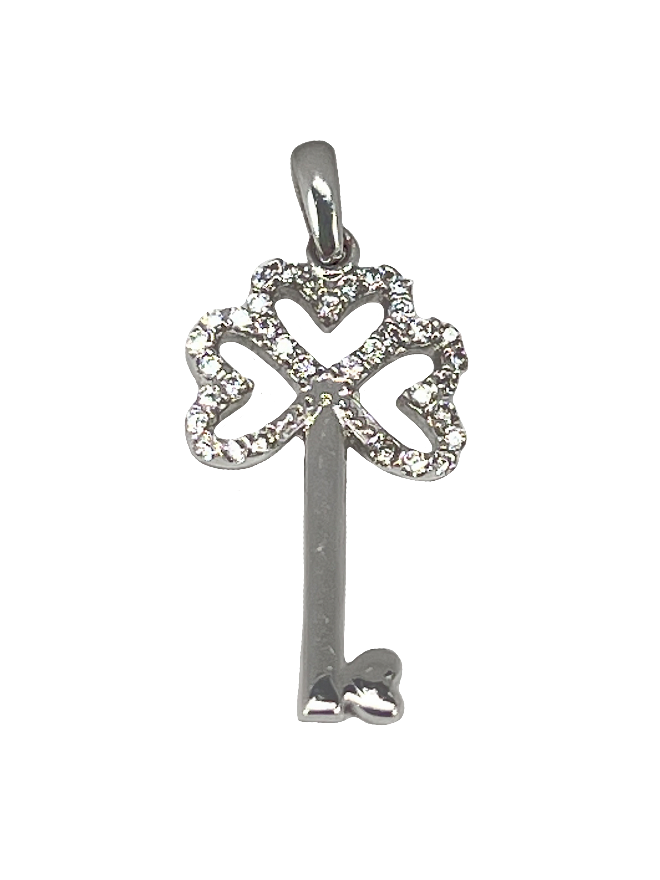 Golden pendant key to the heart made of white gold with zircons
