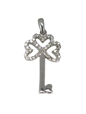 Golden pendant key to the heart made of white gold with zircons